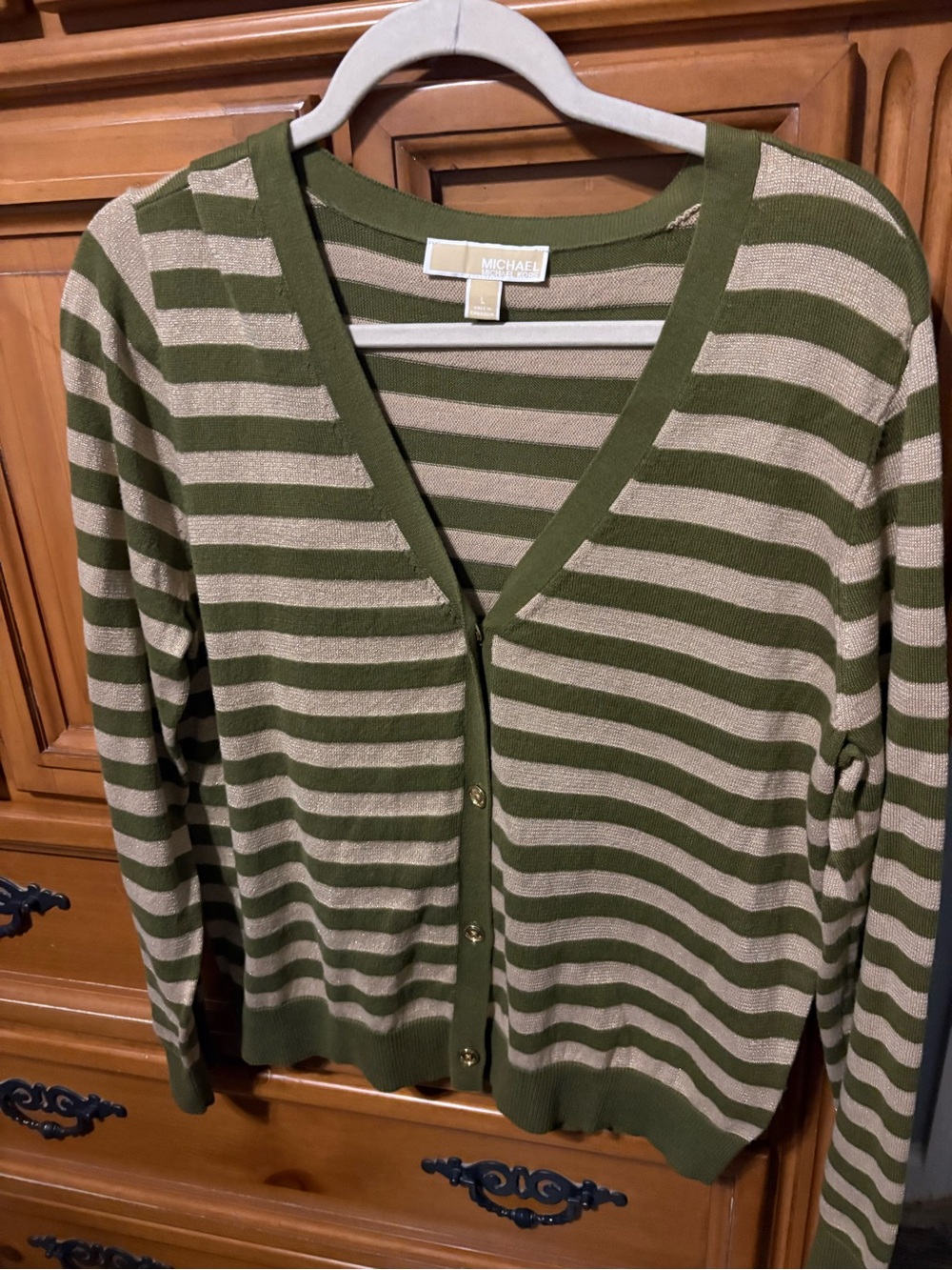 Michael Kors Olive and Cream Striped Button-Front Cardigan